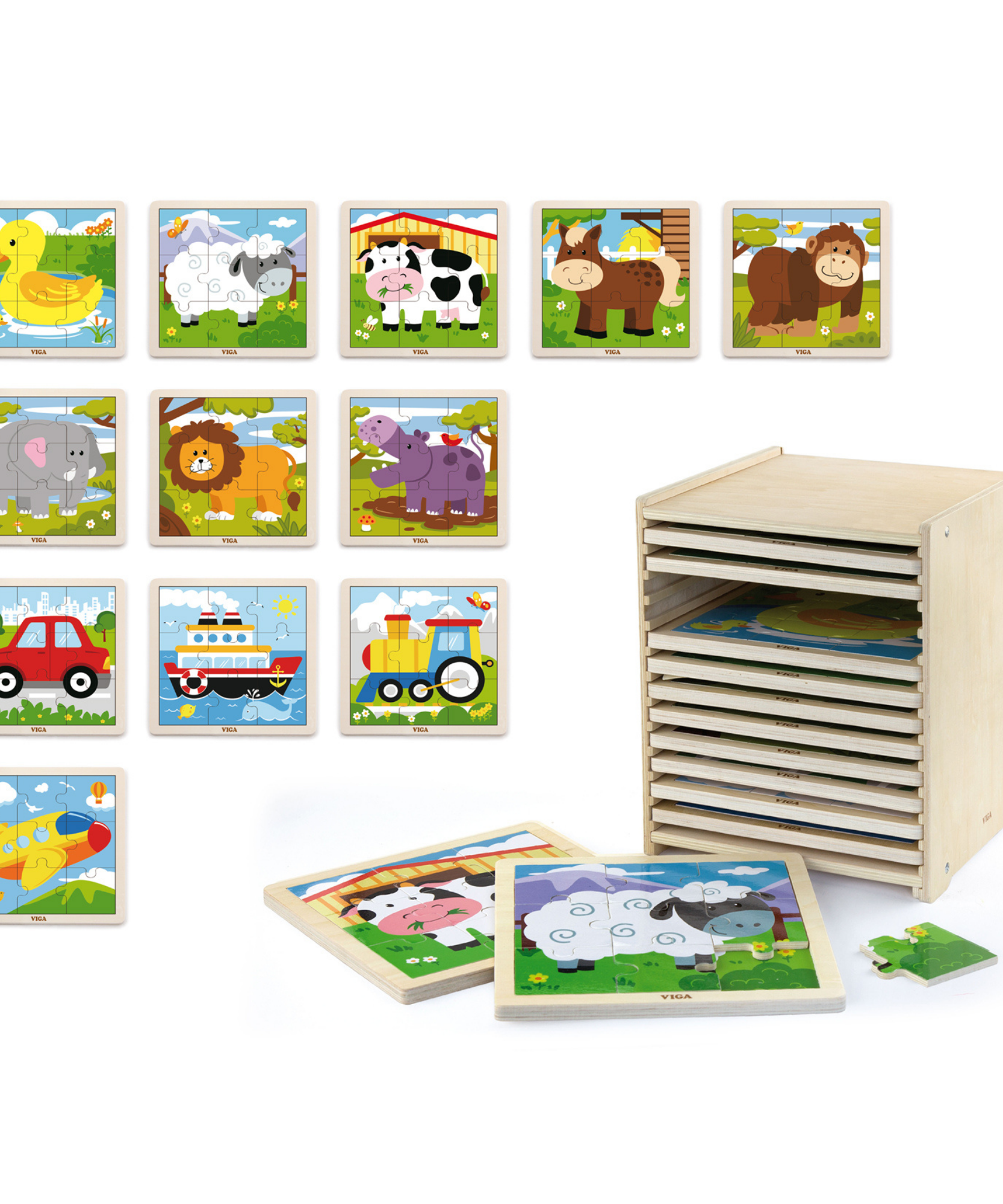 Viga Set of 12, 9 Piece Jigsaw Puzzle, Montessori Wooden Toy, Develops Sensory, Cognitive & Fine Motor Skills, Non-Toxic & Eco-friendly Kids Educational Toy, Suitable for Boys and Girls Aged 2Y+