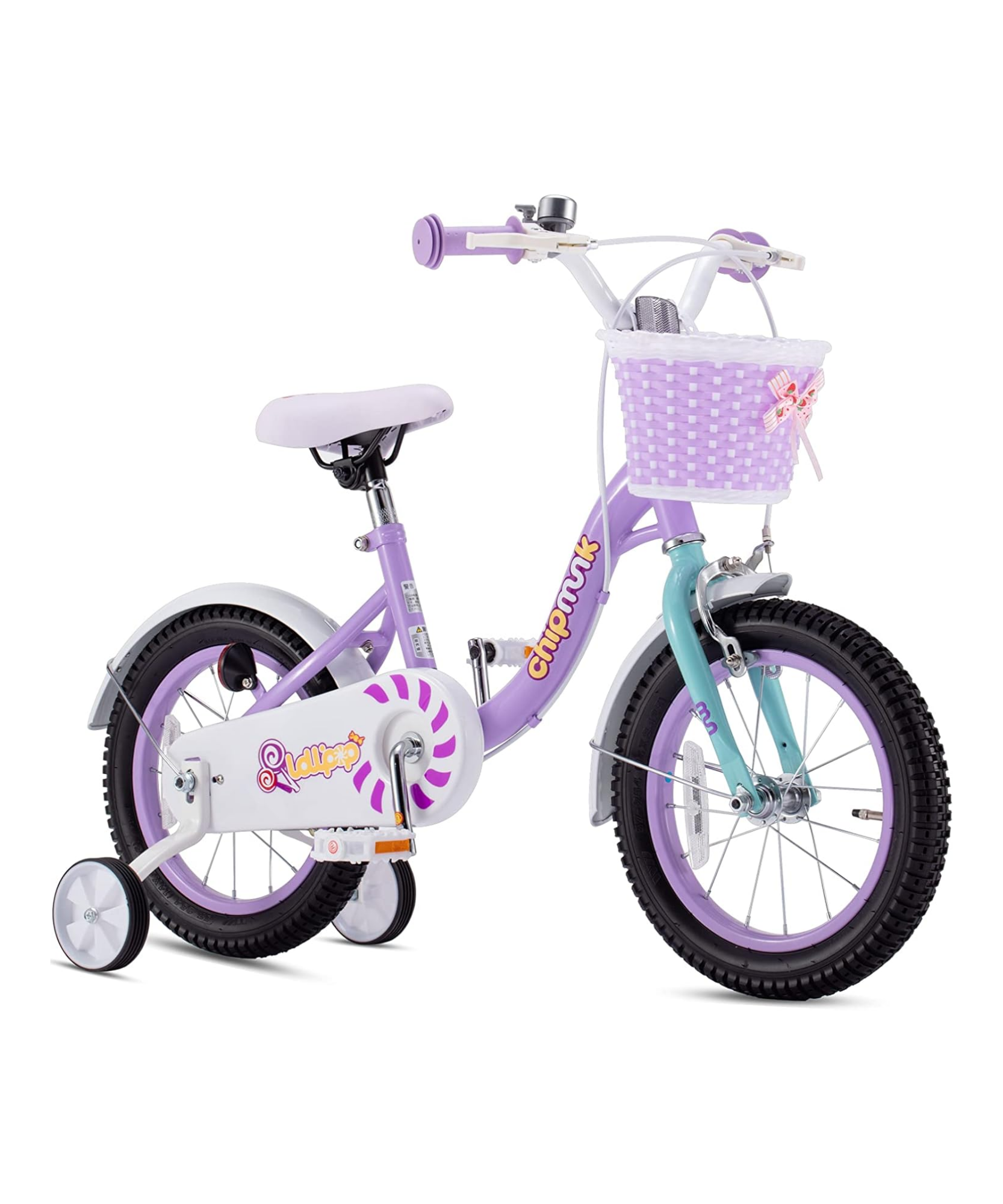 Chipmunk MM 14 Inch Bicycle with Lightweight Steel Frame, Basket, Adjustable Seat and Handle, Front + Rear Brakes, 85% Pre-Assembled Kid's Bikes with Training Wheels for Children 3-6 Years Old, Purple