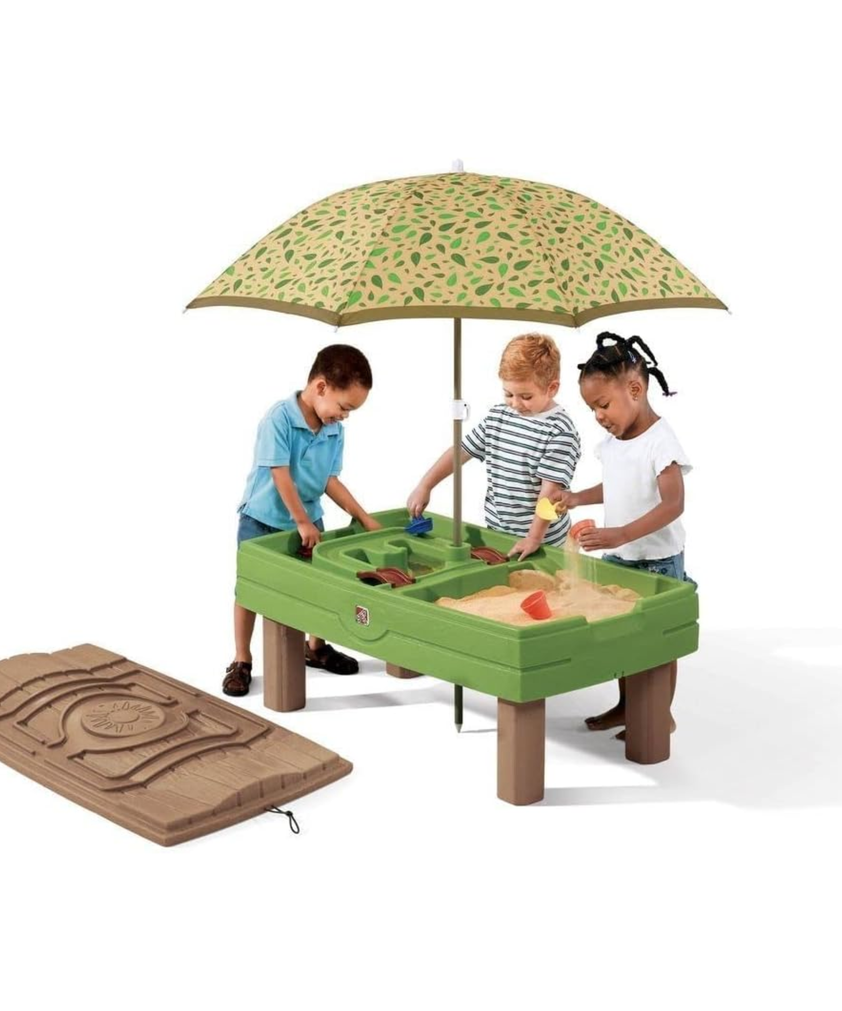 Step2 Naturally Playful Sand & Water Activity Center, Outdoor Sand and Water Table with Umbrella, Sensory Playset with 7 Piece Accessories, STEM Toy and Activity Centre, Suitable for Children Aged 2+