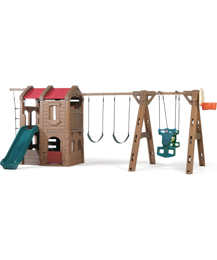 Step2 Advent Lodge Play Center with Glider 801400, Outdoor Climber & Slide, Swings, Basketball Hoop, Rope Ladder, Multicolor Plastic Playset, Sturdy Double-Wall Construction, Ages 3+