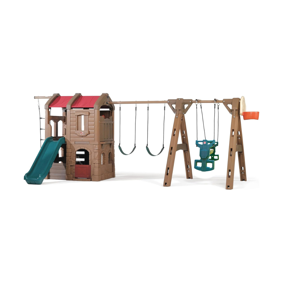 Step2 Advent Lodge Play Center with Glider 801400, Outdoor Climber & Slide, Swings, Basketball Hoop, Rope Ladder, Multicolor Plastic Playset, Sturdy Double-Wall Construction, Ages 3+