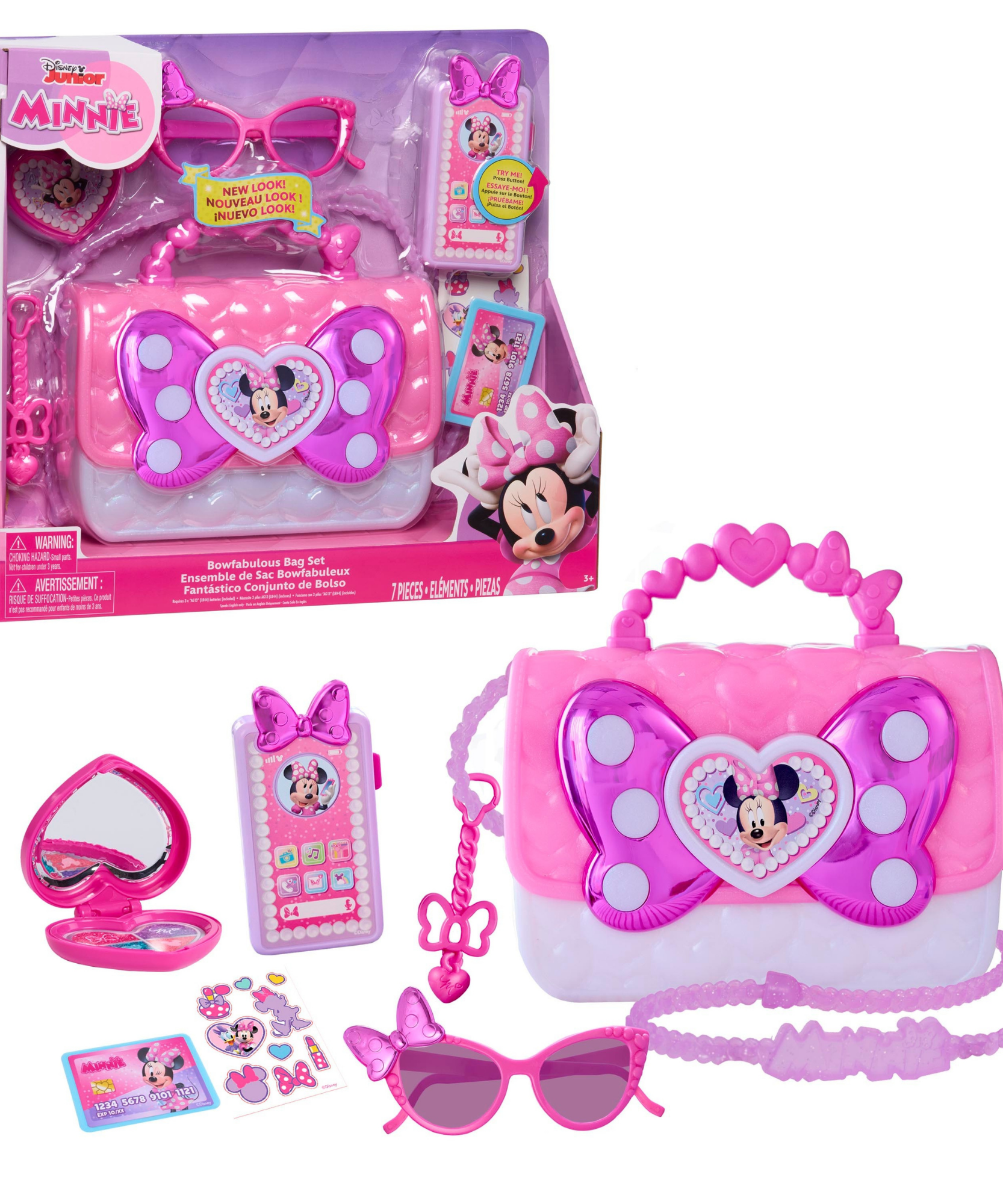 Disney Minnie Mouse Bowfabulous Bag Set, 7-Piece Dress Up and Pretend Play Toy with Sunglasses, Play Phone with Lights and Sounds, Officially Licensed Kids Toy for Ages 3 & Up by Just Play