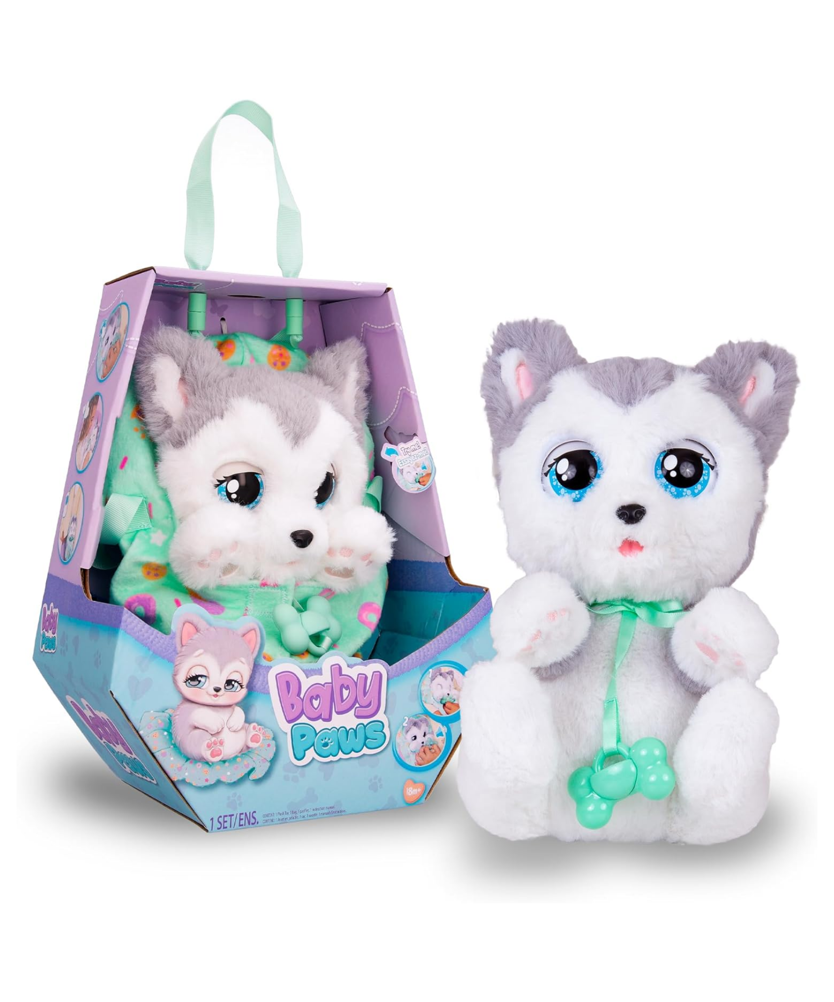 BABY PAWS Sleeping Puppies, Husky, 9.5 Inch Interactive Plush Toy Puppy with Carry Bag, Kids Pretend Play Toy with Sound Effects, Suitable for Both Boys and Girls Aged 18m+