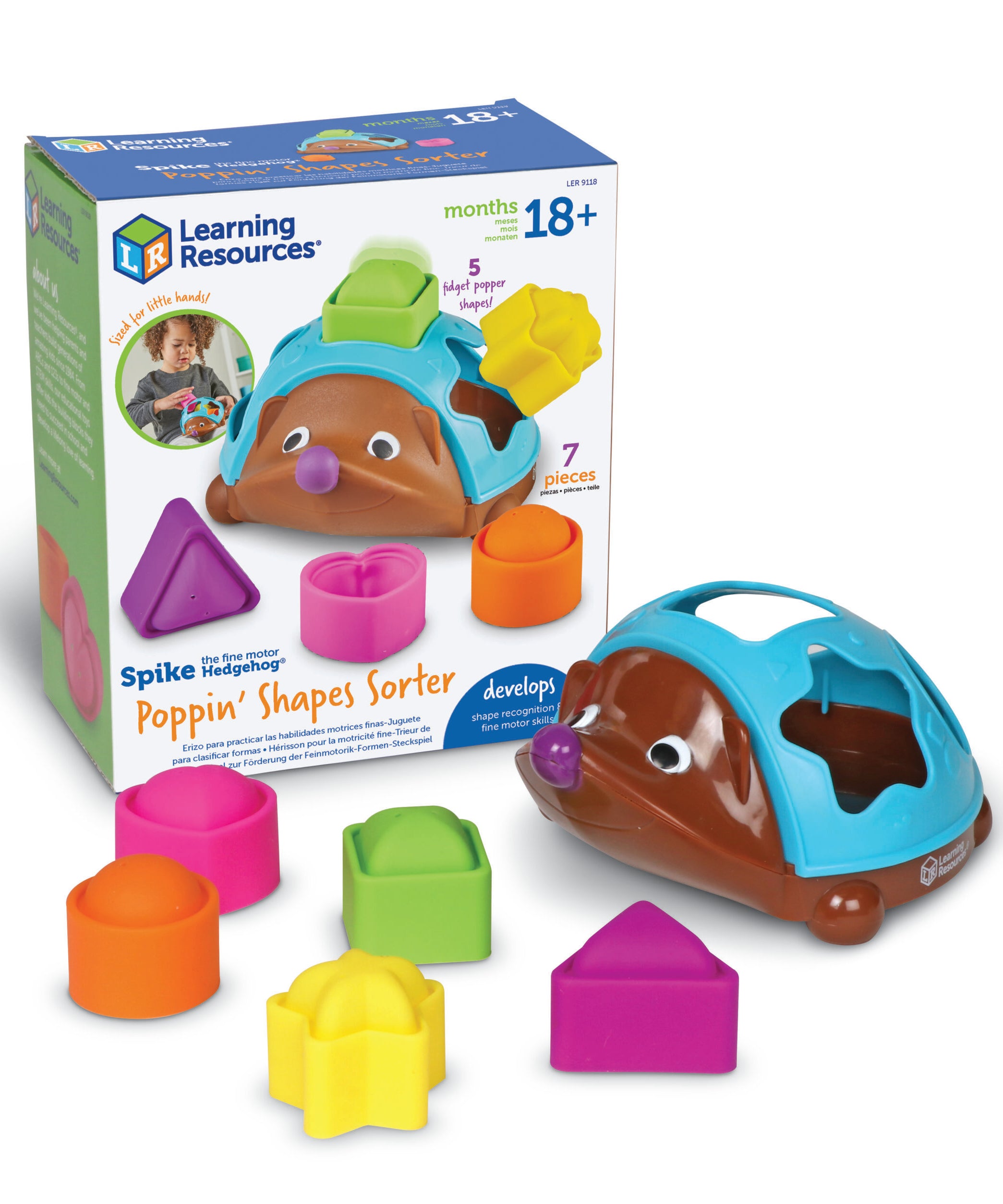 Learning Resources Spike The Fine Motor Hedgehog Poppin’ Shapes Sorter, 7-Piece Shape Sorting & Fidget Toy for Toddlers, Develops Fine Motor, Colour & Sensory Skills, Ages 18 Months+