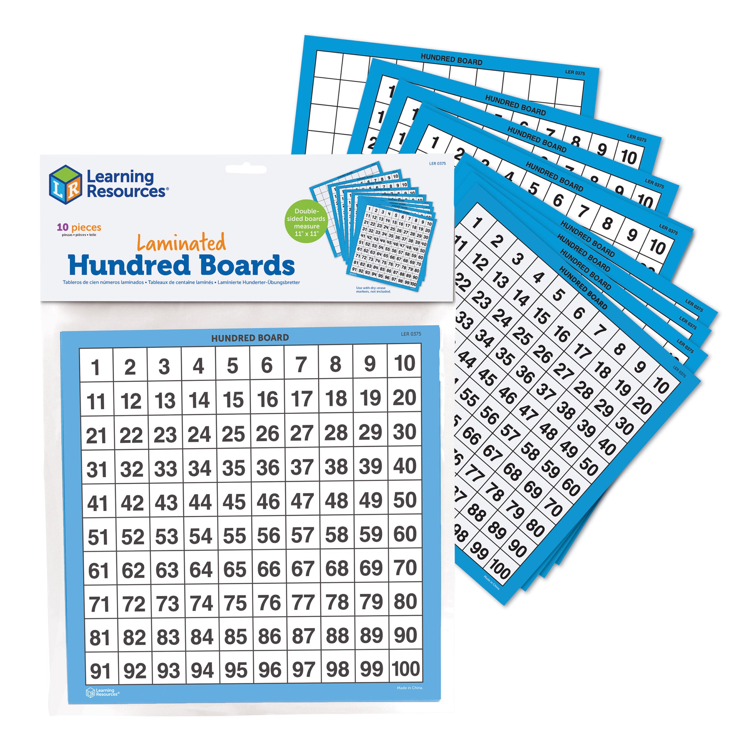 Learning Resources Laminated Hundred Boards, Set of 10 Double-Sided Dry-Erase Grids, 1–100 Counting Aid for Kids, Ages 5+