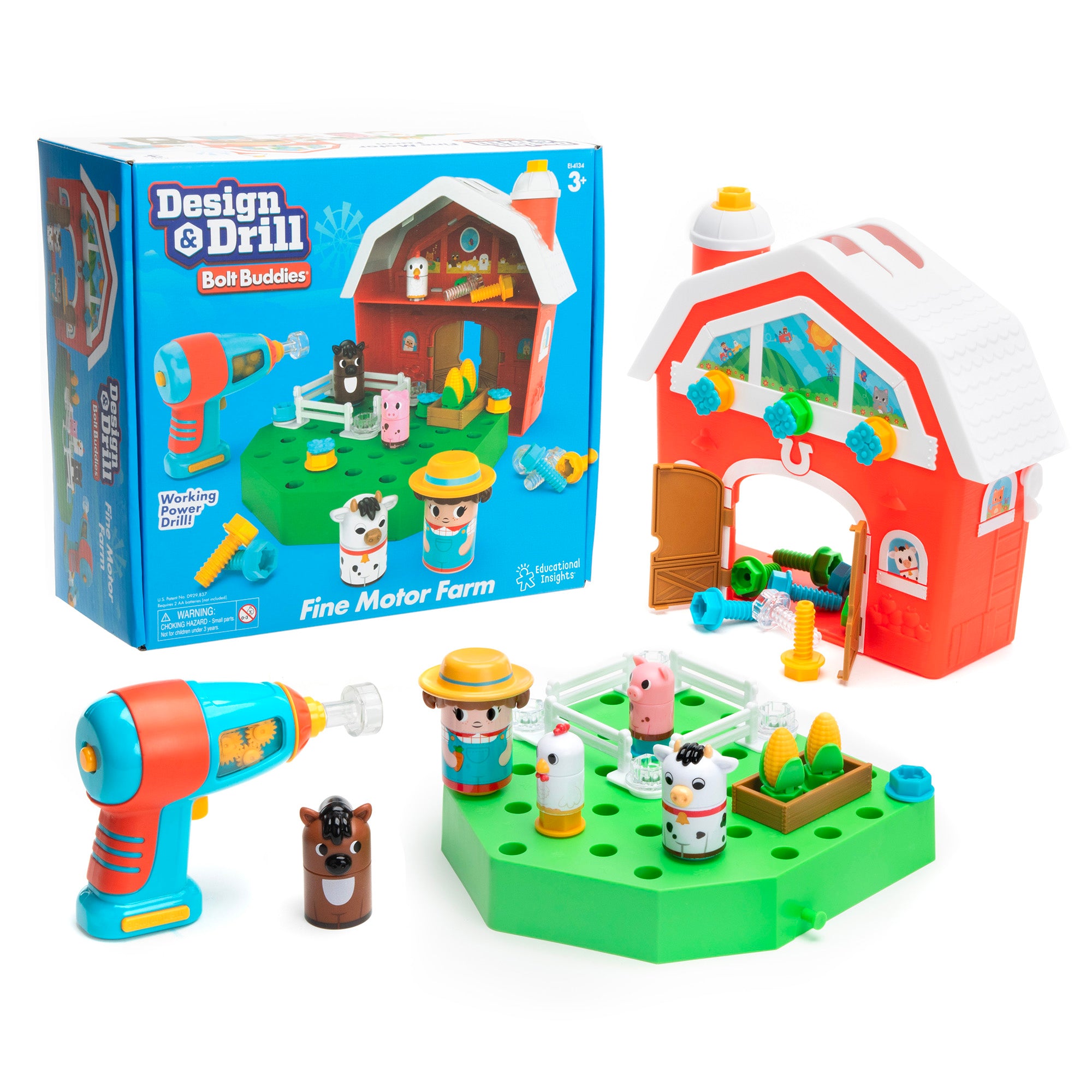 Learning Resources Design & Drill Bolt Buddies Barn, STEM Construction Toy with Kid-Safe Power Drill, Fine Motor Farm Playset for Ages 3+