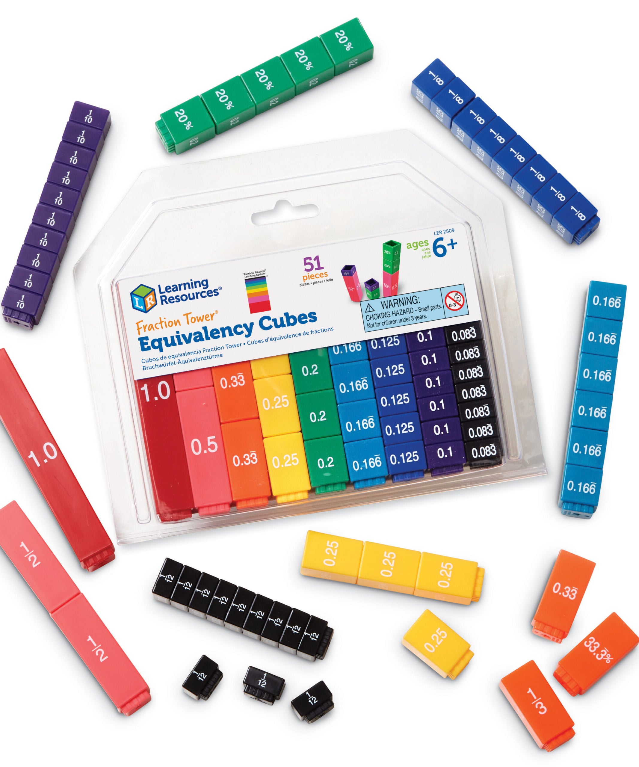 Learning Resources Fraction Tower Equivalency Cubes, Colour-Coded Maths Manipulative Set, 51 Interlocking Pieces for Visualising Fractions and Equivalencies