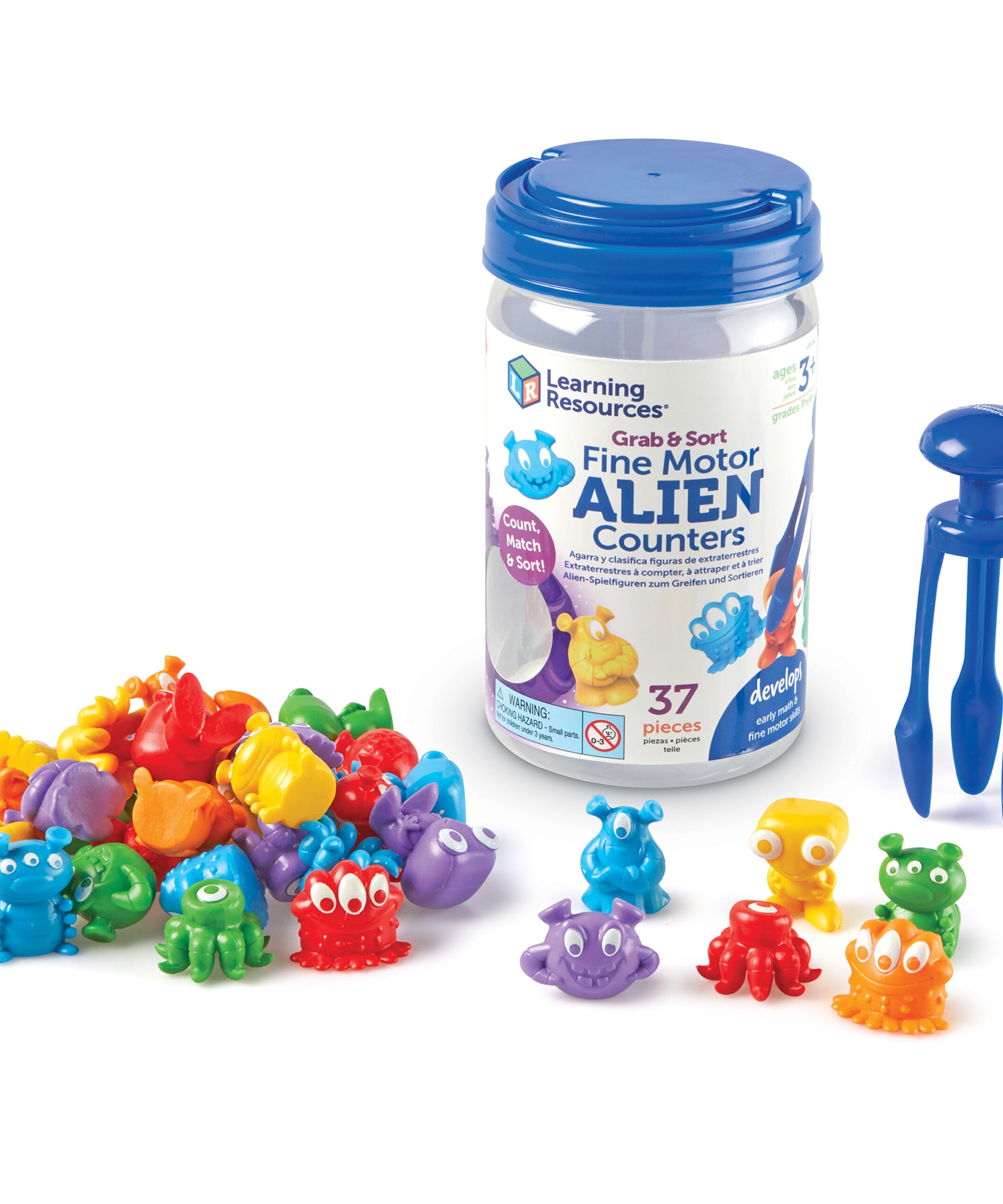 Learning Resources Grab & Sort Fine Motor Alien Counters, 37-Piece Early Math and Fine Motor Skills Toy, Includes Tri-Grip Tongs for Counting, Sorting, and Matching, For Preschoolers Ages 3+