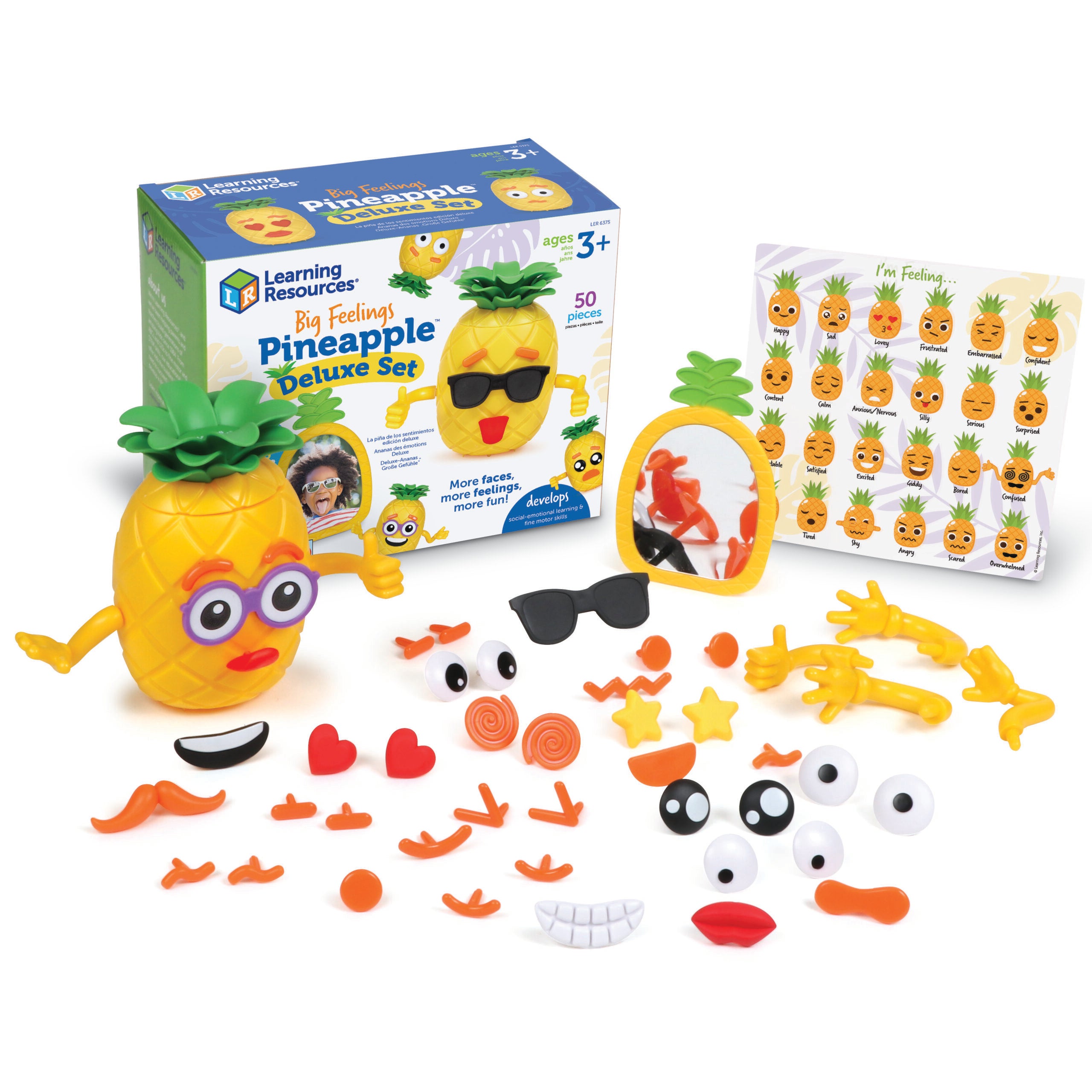 Learning Resources Big Feelings Pineapple Deluxe Set, Social Emotional Learning Toy for Kids, 50-Piece SEL Activity Set with Double-Sided Pineapple, Face Pieces & Mirror, Ages 3+