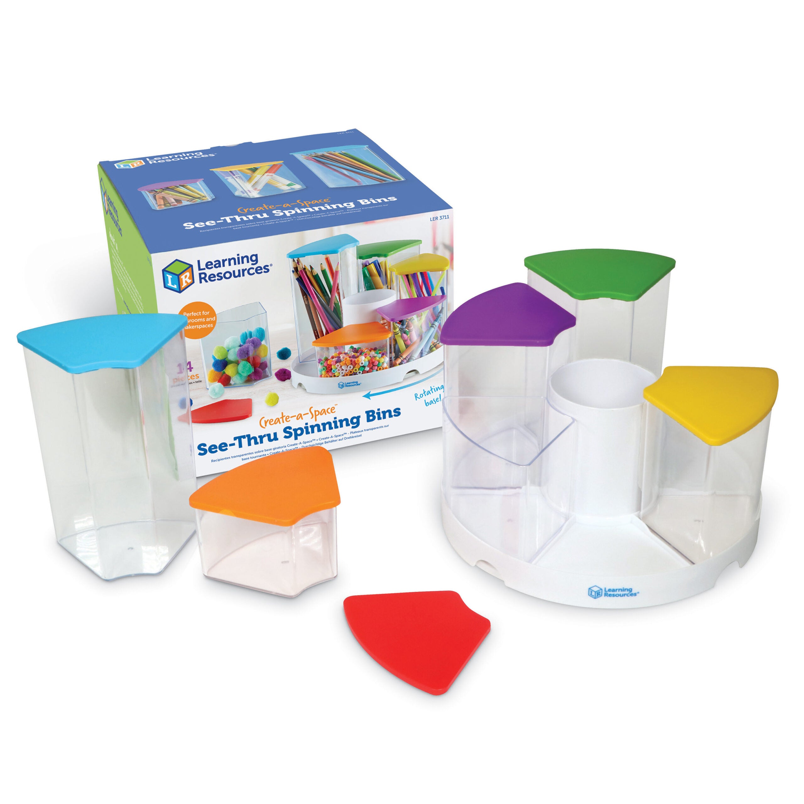 Learning Resources Create-A-Space See-Thru Spinning Bins, Portable Storage Solution for School, Art Supplies, Kitchen Organisation, 6 Bins with Colourful Lids