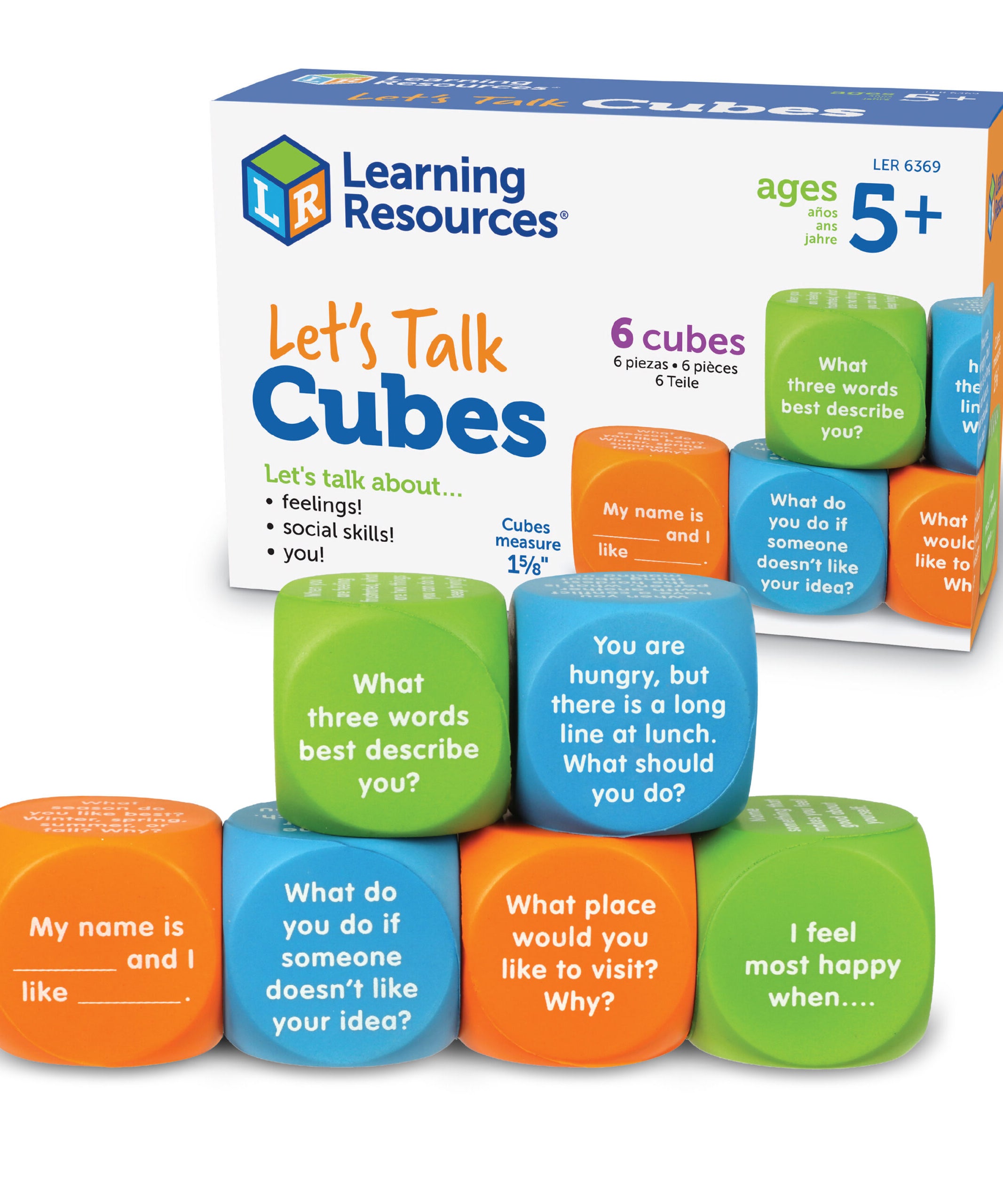 Learning Resources Let’s Talk SEL Cubes, Set of 6 Social Emotional Learning Conversation Cubes, Includes 36 Prompts for Ice Breakers, Social Skills, and Emotional Awareness, For Ages 5+